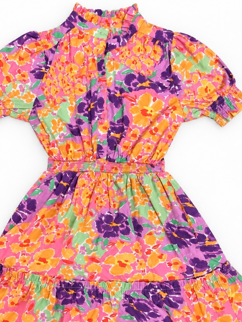 Karlie Colorful Floral Puff Sleeve Tiered Midi Dress Size Small